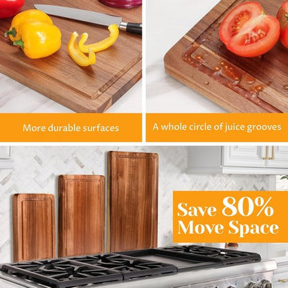 Acacia Wood Cutting Board Set - Durable Chopping Boards with Deep Juice Grooves & Built-in Handles | Set of 3