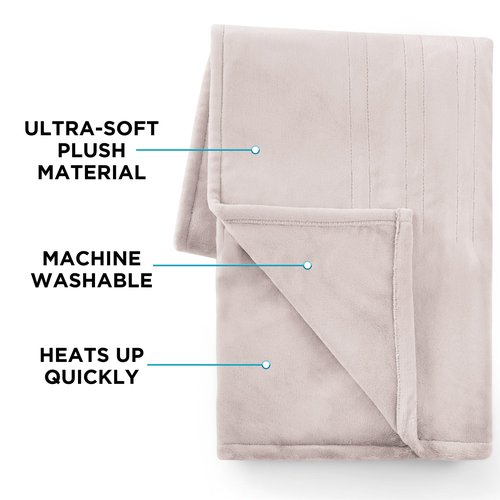 Brookstone Oversized Electric Heated Throw - Heated Blankets - 4 Heat Settings, 4-Hour Auto Shut Off, 100% Polyester, 50"x60" - Taupe