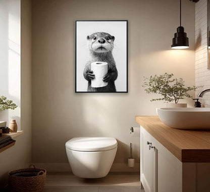 Framed Otter Wall Art - Black and White Funny Animal Decor for Bathroom | Farmhouse Toilet Decoration
