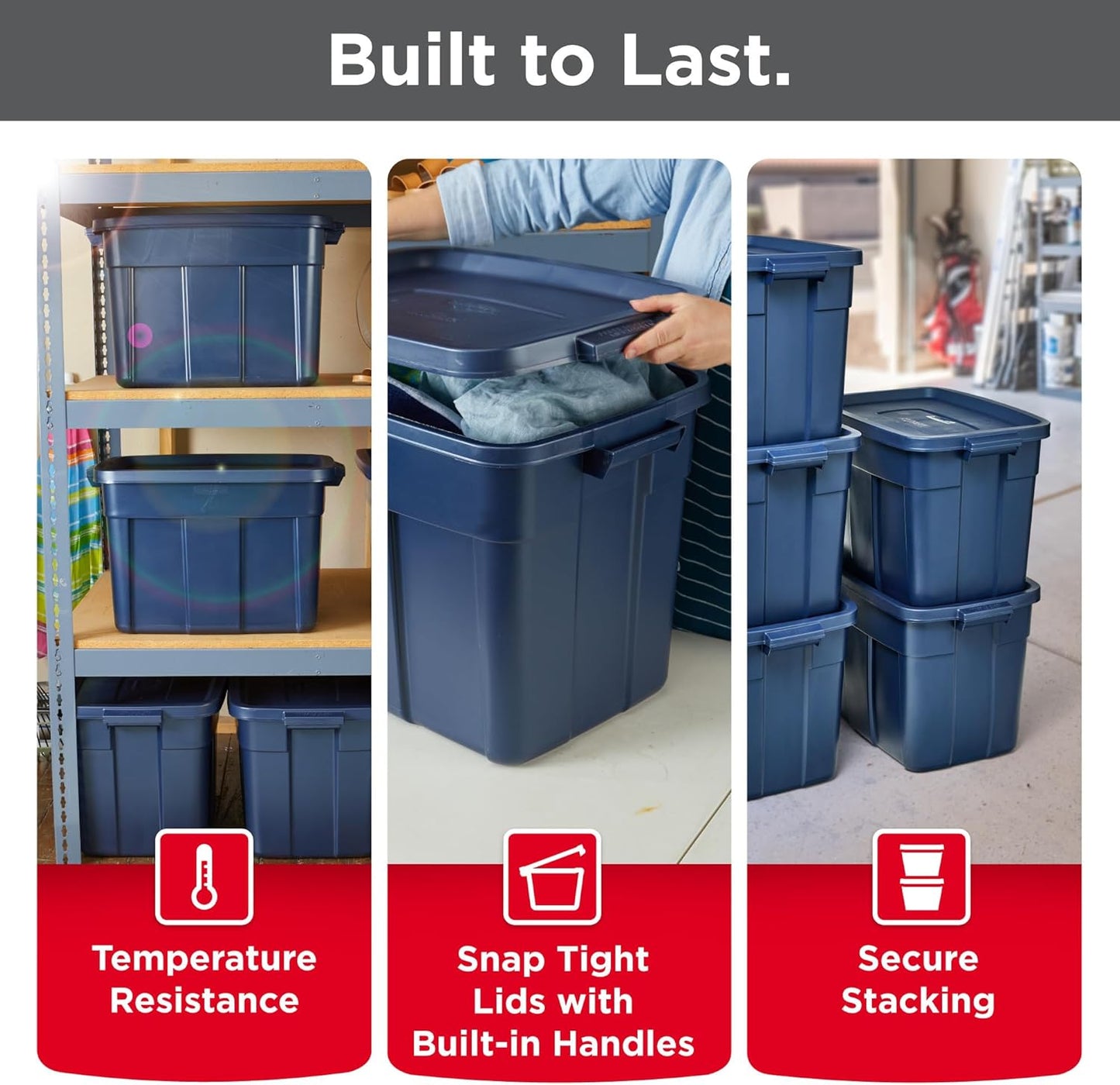 Rubbermaid Roughneck Tote - 18 Gal Stackable Storage Bins with Lids & Handles | Dark Indigo Metallic, 6 Pack