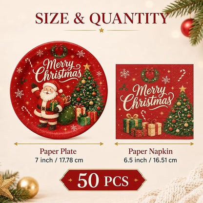 Christmas Plates and Napkins Set 50PCS 7 Inch - Santa & Trees Design Variation: Christmas