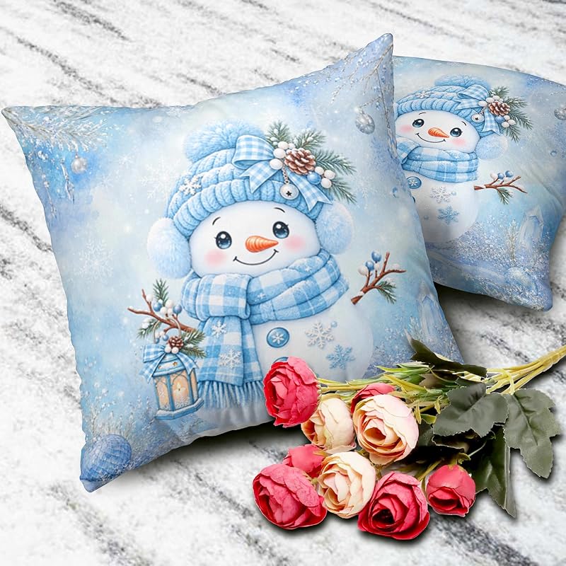 Blue Snowman Pillow Covers 18x18 Pack of 2 – Winter Snowflake Decorative Pillowcase