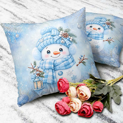 Blue Snowman Pillow Covers 18x18 Pack of 2 – Winter Snowflake Decorative Pillowcase