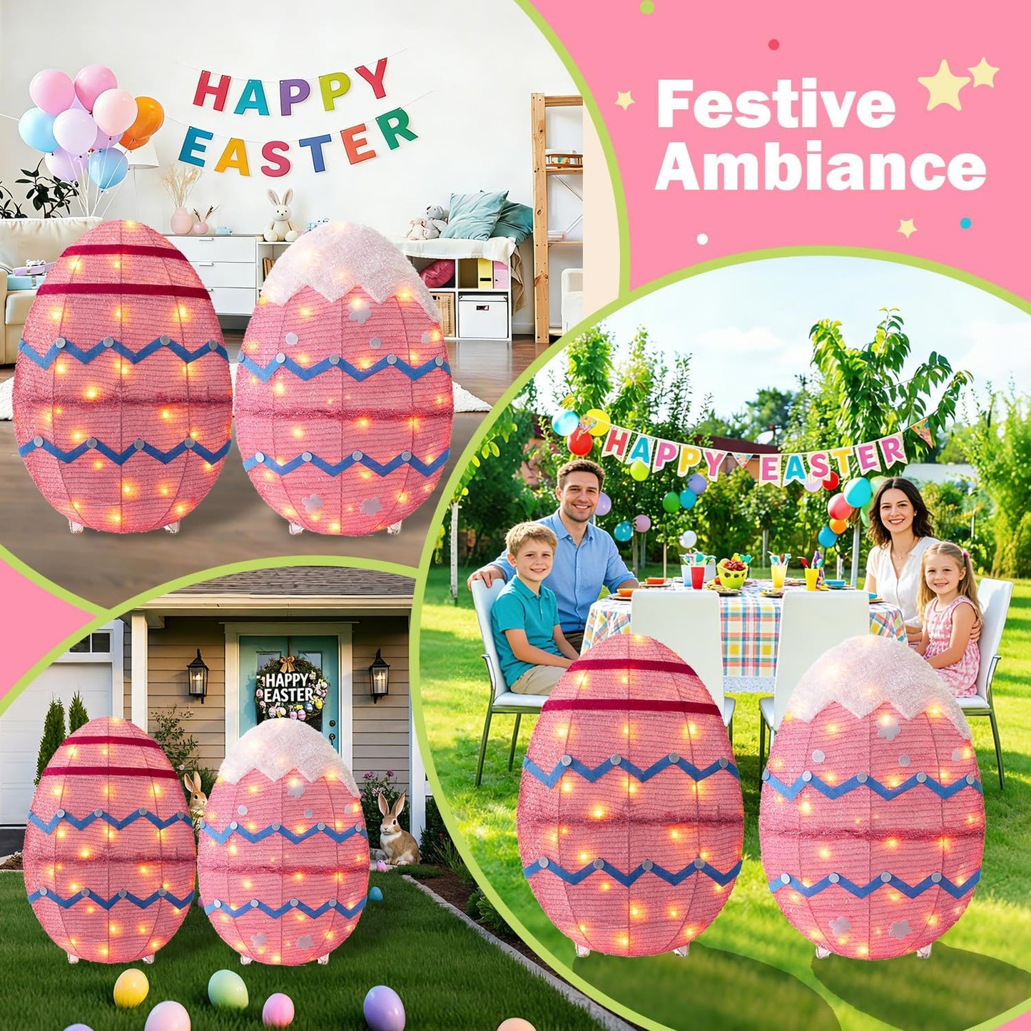 Skiennix Outdoor Easter Decorations - Set of 2 Lighted Metal Eggs | 34 Inch LED Lights for Lawn & Garden
