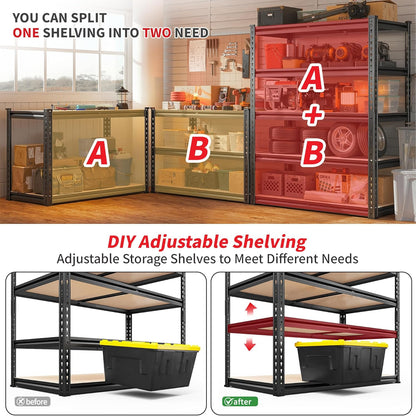 REIBII 5-Tier Heavy Duty Storage Shelves - Adjustable Metal Shelving Unit for Garage, Basement, Kitchen | 72" H x 35.55" W x 16" D, Black