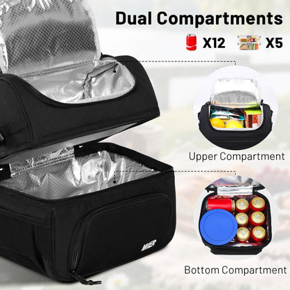 MIER Insulated Lunch Bag Tote - Dual Compartment Cooler with Shoulder Strap | Leakproof, Black