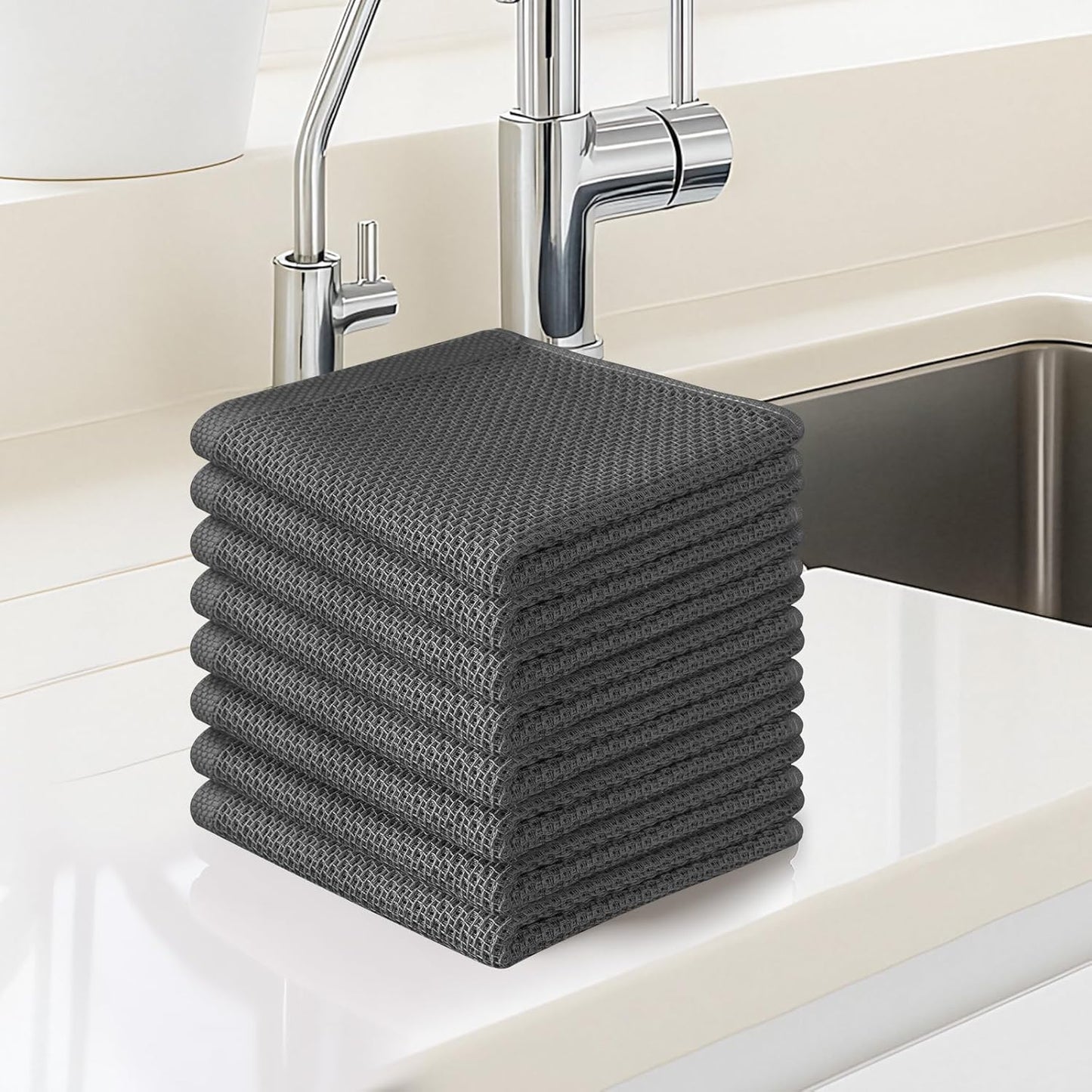 Skiennix 100% Cotton Waffle Weave Kitchen Towels - Ultra Soft & Absorbent 8 Pack | Quick Drying, Dark Grey, 12x12 Inches