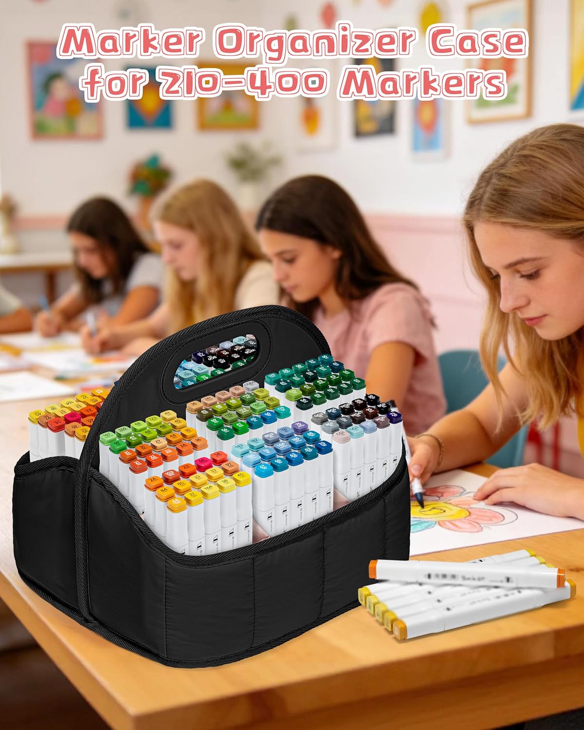 Rexmica Marker Organizer Case - Large Caddy Bag for 210-400 Markers | Versatile Storage for Art & Crafts
