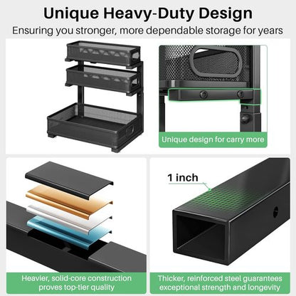 Kitstorack Under Sink Organizer - 2-Pack Adjustable Metal Cabinet Shelf | Slide-Out Storage for Bathroom & Kitchen