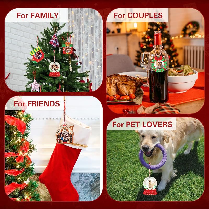 Wooden Christmas Photo Frame Ornaments – 12 Pack Easy-Load Keepsake Frames for Tree