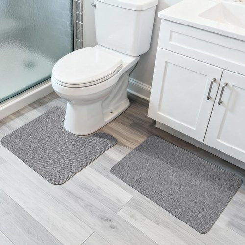 Bosap Bathroom Rugs Set 2 Pieces,Thin Bathroom Mats,Toilet Rugs,Quick Dry,Non-Slip,Machine Washable,Low Pile,Absorbent Bath Mats,Shower,Sink,Home Decor Accessories.Grey,1'5"x2'3"+1'8"x2" U Shape