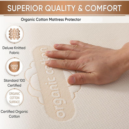 Skiennix Organic Mattress Protector Pad - OCS Certified Waterproof Cotton Cover | 250 GSM Deep Pocket Comfort