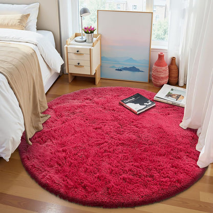 OLANLY Red Round Area Rug - Soft, Fluffy, Machine Washable 9 ft Circle Carpet for Bedrooms & Nurseries