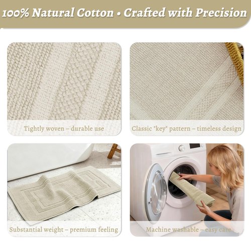 Mrs Awesome Soft 100% Cotton Bath Mat with Hot-melt Non-Slip Backing, 20" x 32" Comfortable & Absorbent Washable Textured Woven Rug for Bathroom, Beige