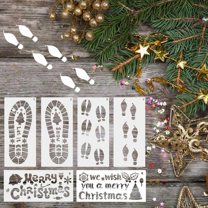 Skiennix 6 Pcs Christmas Santa Footprint Stencils - Reusable Elk & Snowflake Designs for Holiday Decor