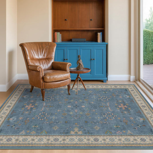 Skiennix Washable 4x6 Area Rug - Stain Resistant Non-Slip Design for Living Room & Kitchen | Light Blue & Aqua Floral Décor