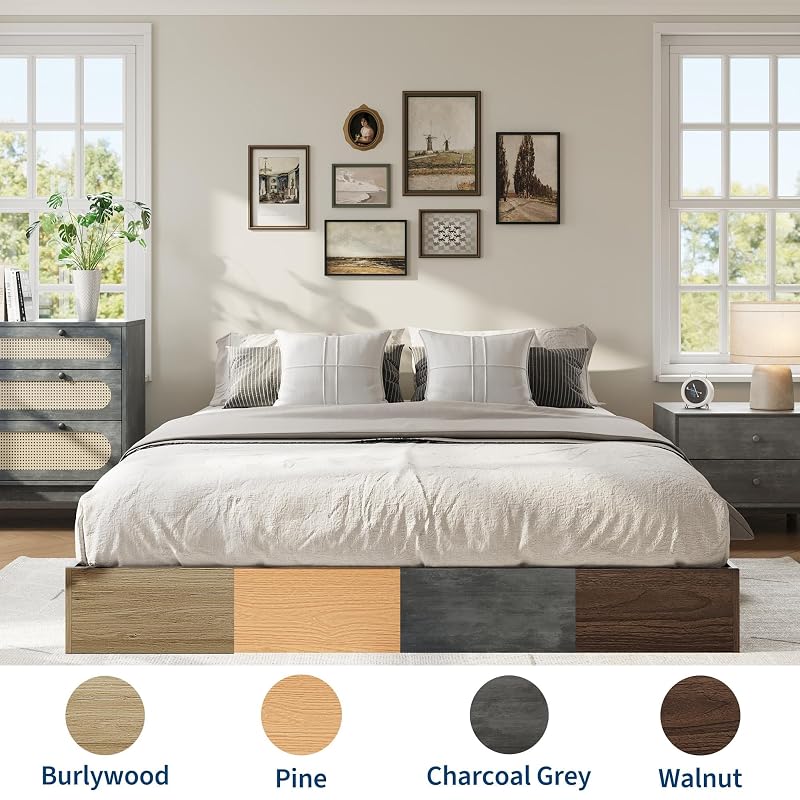 IDEALHOUSE Full Wood Platform Bed Frame with Low Profile Pine Finish - Twin to California King