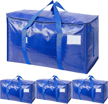 TICONN Extra Large Heavy-Duty Moving Bags - Durable Storage with Zippers & Handles | 4 Pack, Blue