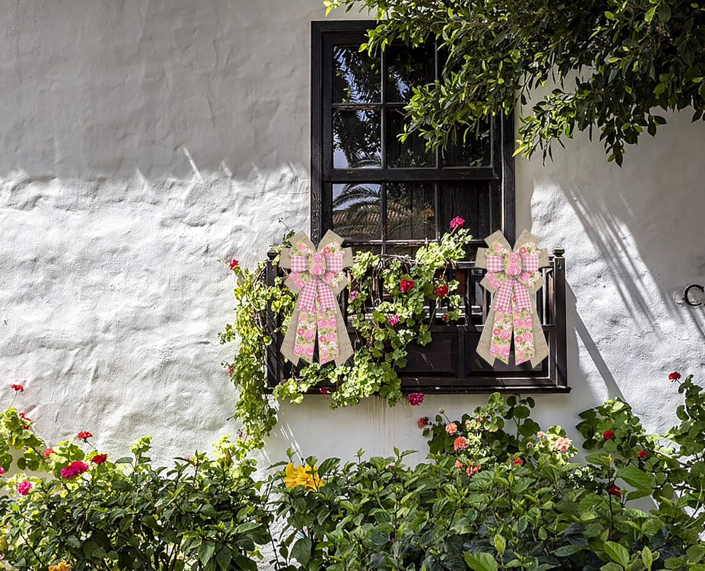 Skiennix Large Spring Wreath Bow - Pink Roses & Burlap Design for Indoor/Outdoor Decor