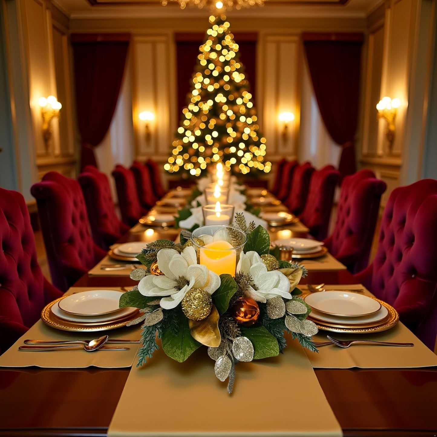 Skiennix 18" Centerpiece - Flameless LED Candle Holder with White Magnolia, Gold Baubles & Spruce Branches for Holiday Decor