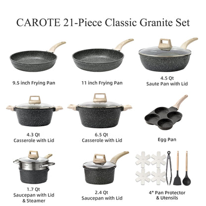 CAROTE 21pcs Pots and Pans Set Nonstick, Cookware Set Black Granite Induction Kitchen Cooking Set w/Frying Pans & Saucepans(PFOS, PFOA Free)