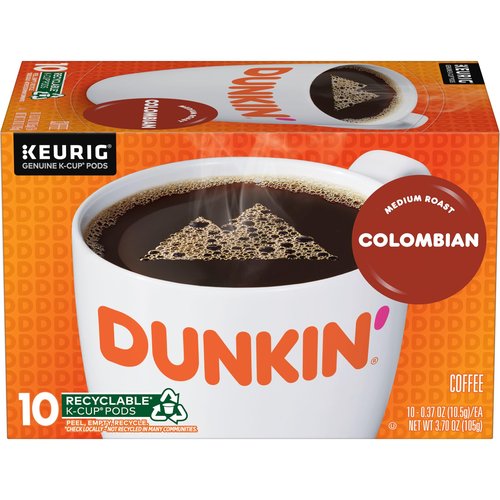 Dunkin’ Colombian Medium Roast Coffee, Keurig K-Cup Pods, 10 Count Boxes (Pack of 6)