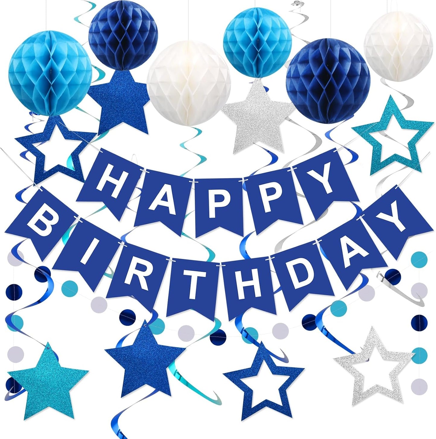Meowtastic Birthday Decorations - Happy Birthday Banner with Honeycomb Balls & Swirl Streamers | Blue