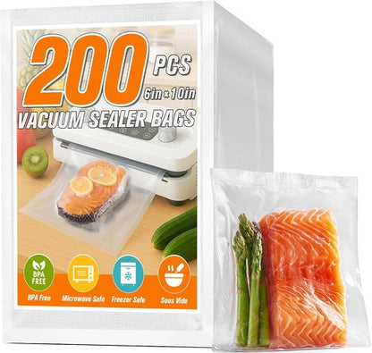 FUNFERY Vacuum Sealer Bags - 200 Pint 6" x 10" BPA-Free Bags for Long-Term Food Storage & Sous Vide