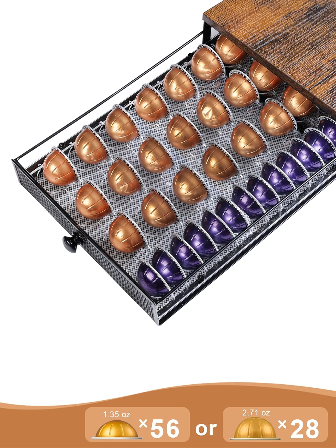 Sedegn Coffee Pod Holder - Vertuo Capsules Storage Organizer with Sliding Drawer | Holds 56 Small or 28 Big Pods - Rustic Brown
