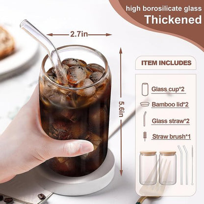 DWTS DANWEITESI Iced Coffee Cups - 16 oz Reusable Glass Tumblers with Lids & Straws | Perfect for Coffee & Juice