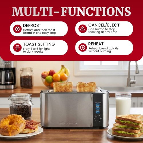 Elite Gourmet ECT3200 2-Slice Slim Toaster - Extra Wide Slots for Bagels & Waffles | Stainless Steel & Black