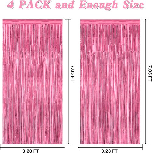 4 Pack Metallic Pink Birthday Backdrop - 3.28 FT x 7.05 FT Fringe Curtains for Parties | Bachelorette & Valentine's Decor