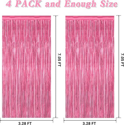 4 Pack Metallic Pink Birthday Backdrop - 3.28 FT x 7.05 FT Fringe Curtains for Parties | Bachelorette & Valentine's Decor