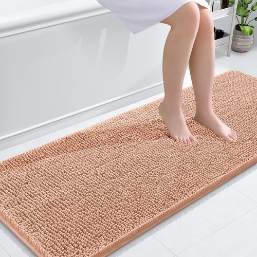 OLANLY Bathroom Rugs 59x24, Extra Soft Absorbent Chenille Bath Rugs, Rubber Backing Quick Dry, Machine Washable Bath Mats for Bathroom Floor, Tub and Shower, Home Decor Accessories, Peach