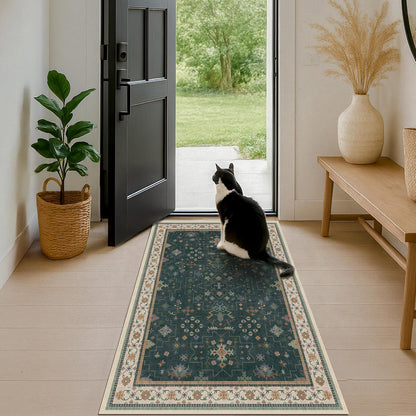 Oushak Dark Green 3x6 Kitchen Rug - Modern Vintage Boho Floral Design, Washable Non-Slip Area Rug for Entryway & Bedroom