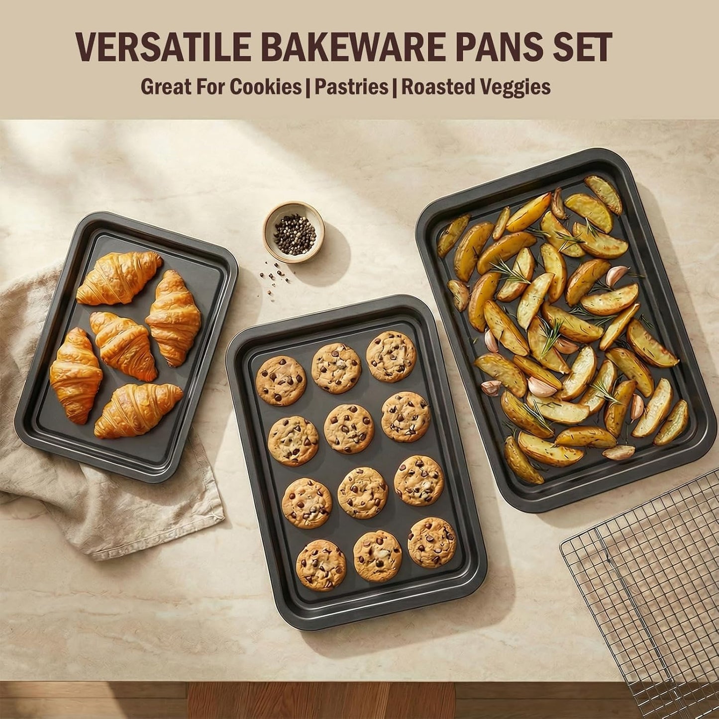 Skiennix Nonstick Baking Sheet Pan Set - 3-Piece Stackable Bakeware, Rust & Warp Resistant, Easy Clean