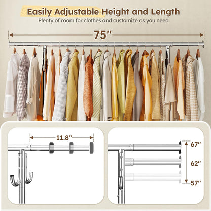 Raybee Heavy Duty Clothes Rack - 75" Extra Wide, 450 LBS Capacity, Lockable Wheels & 4 Hooks