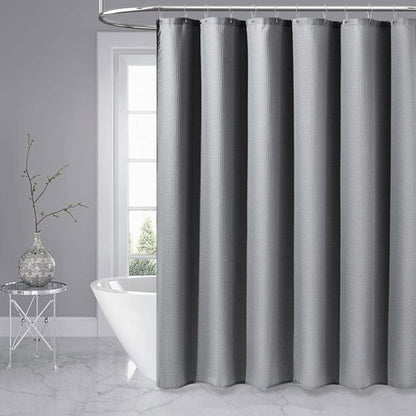 Dynamene Extra Long Fabric Shower Curtain - Waffle Weave 90 Inches Long Heavy Duty Cloth Shower Curtains for Bathroom, 256GSM Tall Hotel Luxury Bath Curtain Set with 12 Plastic Hooks,Grey/Gray