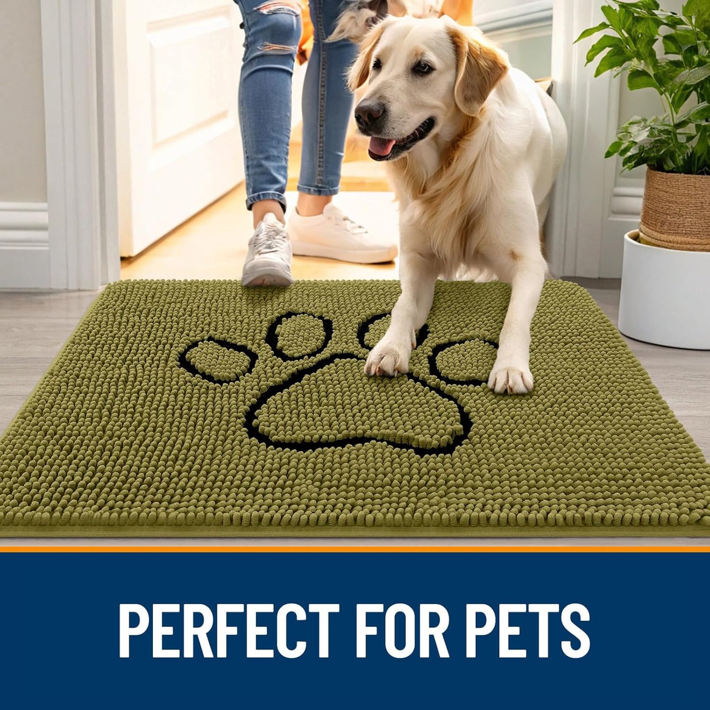 OLANLY Dog Door Mat - Muddy Paws Absorbent Chenille Doormat | Non-Slip, Quick Dry, 30x20, Willow Green