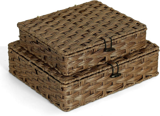 Plastic Wicker Storage Baskets - 2-Pack Woven Rattan Organizer Bins with Lids | Decorative Flat Boxes, Brown