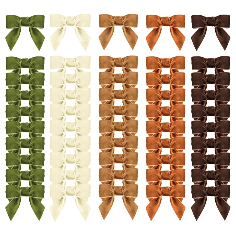 Meseey 2.5 Inch Velvet Bows with Twist Tie – 50 Pcs Khaki Brown Moss Ivory Copper Velvet Ribbon Bows