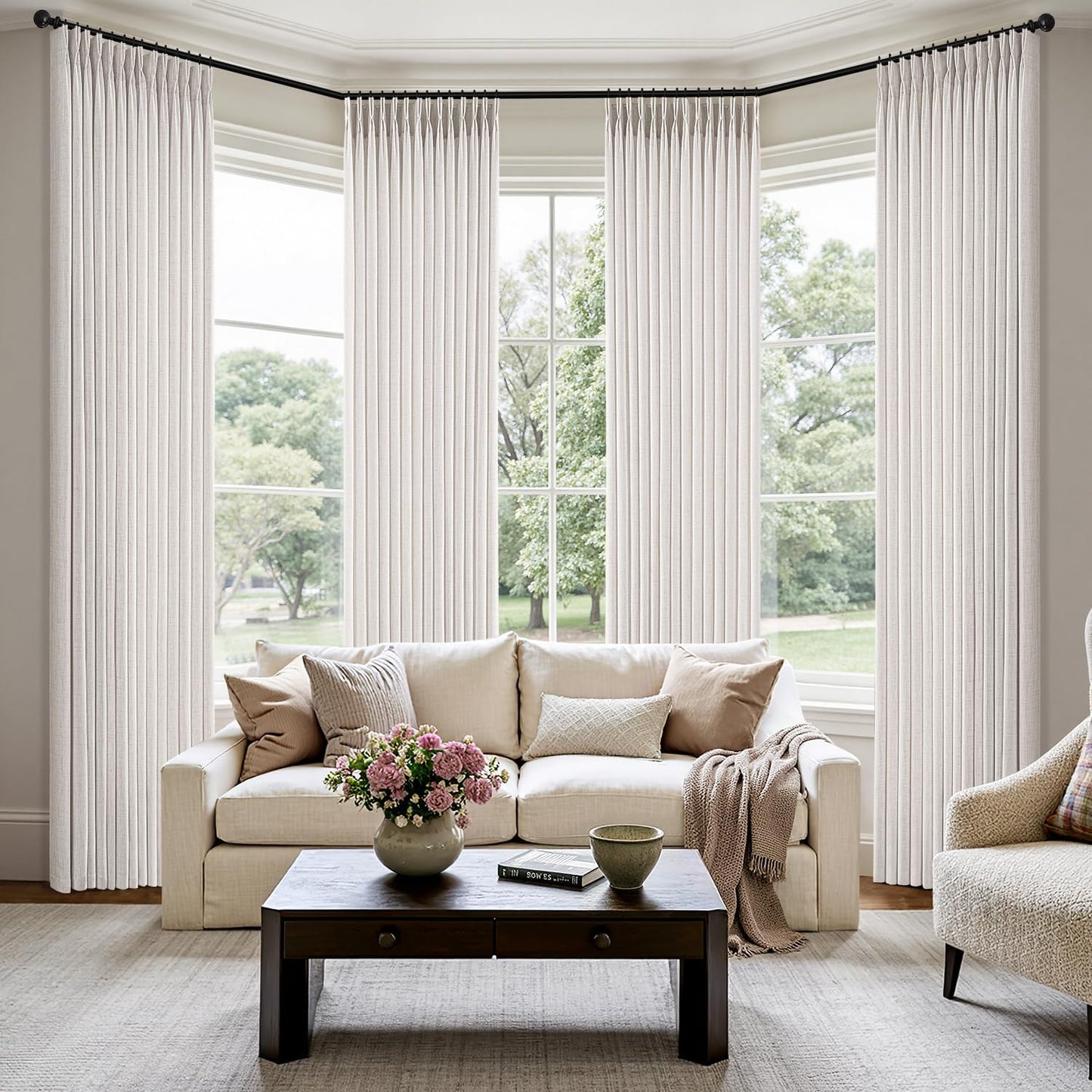 MIULEE Pinch Pleated Thick Linen Curtains - 90 Inch, 4 Panels, Semi-Sheer Light Filtering Drapes in Beige & White