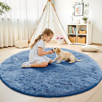 OLANLY Blue Round Area Rug - Soft, Fluffy & Machine Washable 5 ft Circle Carpet for Bedroom & Living Room