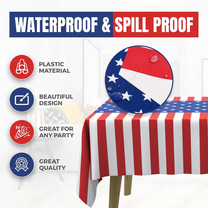 USA Flag Plastic Tablecloth by Premium | 5-Pack Disposable Rectangle Table Covers - 108 x 54 in. for July 4th Parties