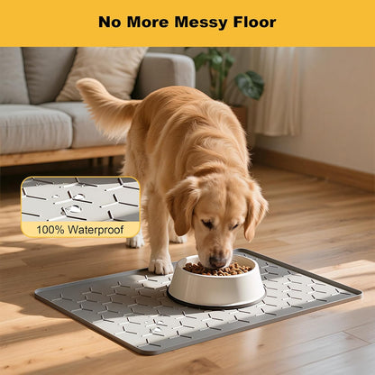 Pieviev Dog & Cat Food Bowl Mat - Waterproof Silicone with High Raised Edge | 24''x16'', Light Gray
