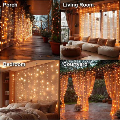 HXWEIYE 300LED Fairy Curtain Lights - 9.8x9.8Ft USB Plug-In with 8 Modes & Remote | Orange, 1 Pack for Bedroom & Wedding Decor