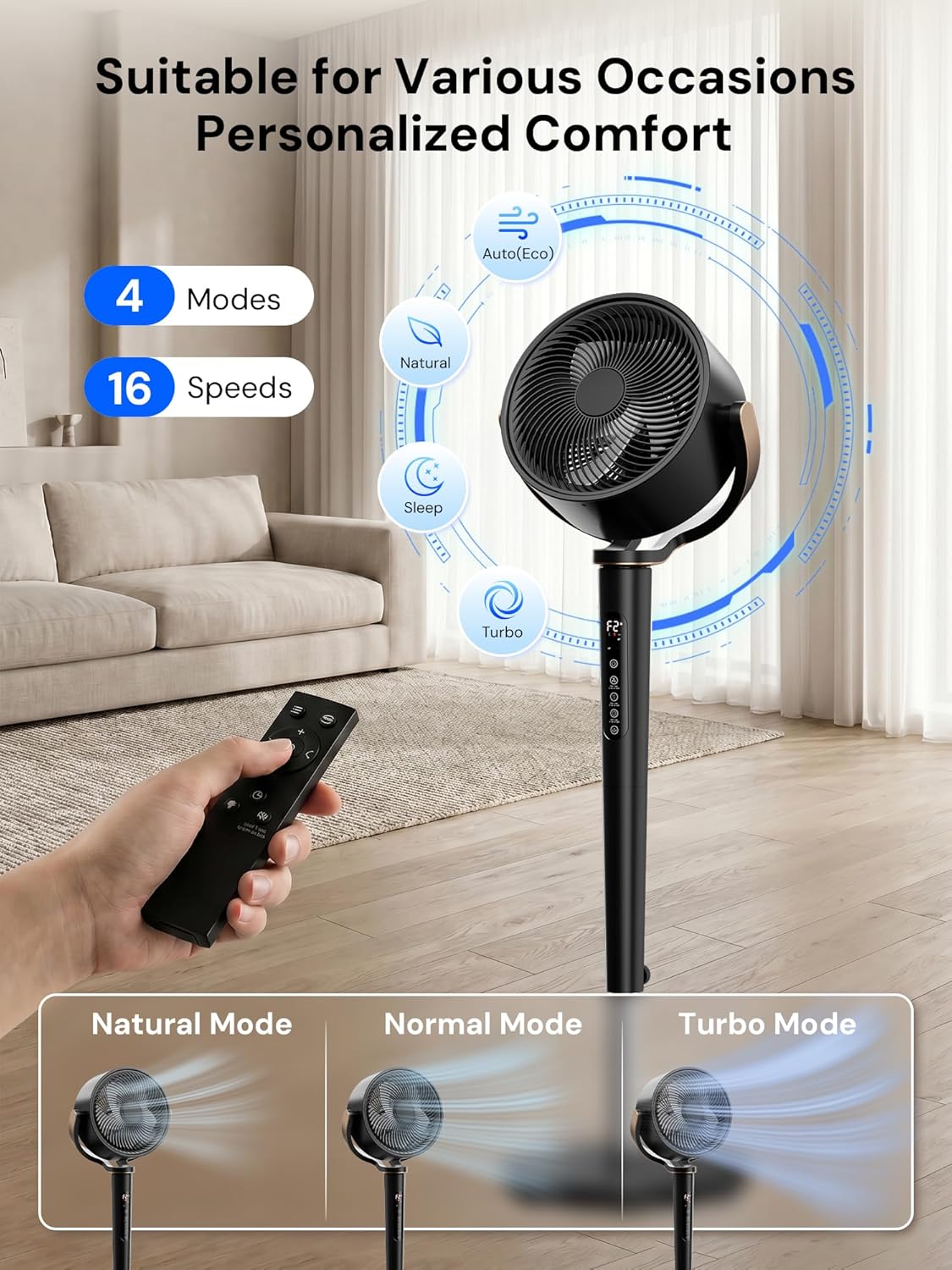Uthfy Oscillating Fan - 120° Full-Automatic Oscillation, Quiet DC Motor, Remote Control, 16 Speeds, Black
