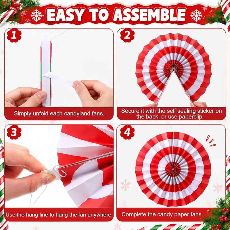 Peppermint Candy Cane Christmas Paper Fans 9-Pack - 8/12/16 Inch Hanging Decorations
