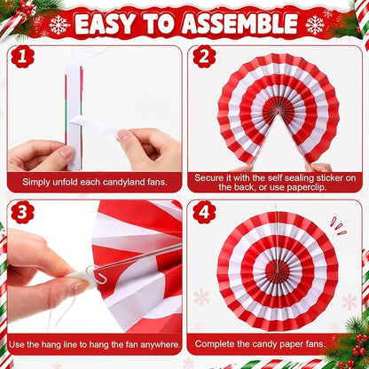 Peppermint Candy Cane Christmas Paper Fans 9-Pack - 8/12/16 Inch Hanging Decorations