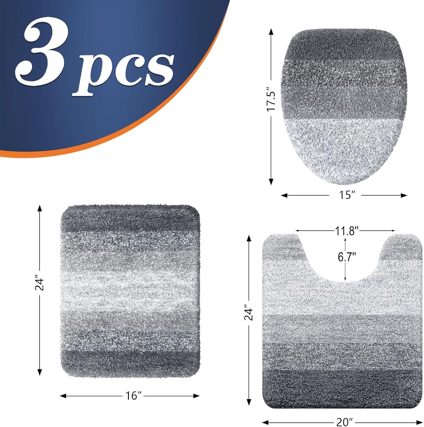 OLANLY Bathroom Rug Set - Soft Microfiber Absorbent Mats with U-Shaped Contour & Toilet Lid Cover | Quick Dry, Machine Washable, Grey